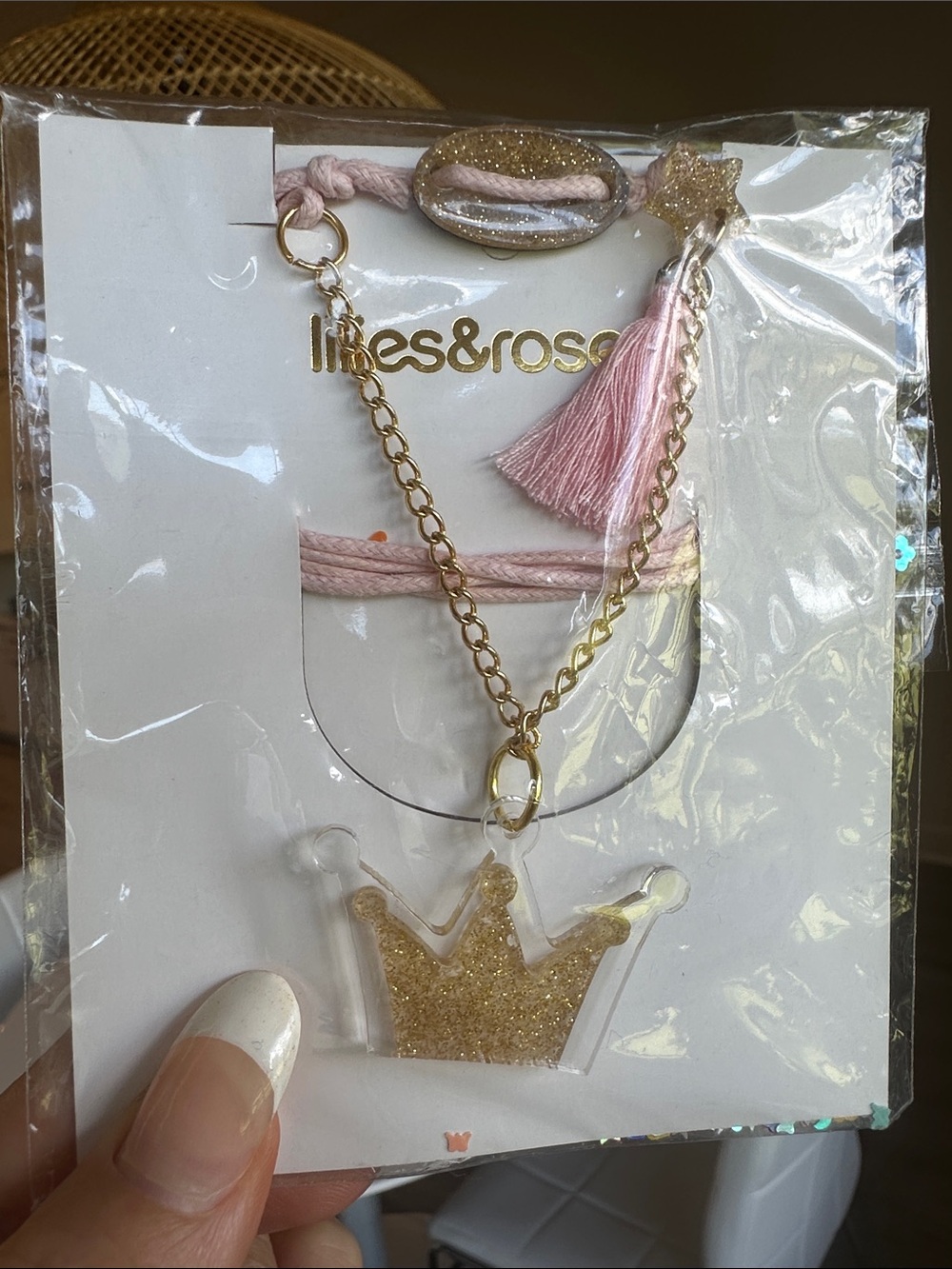 Girls' Pink Tassel Necklace with Gold Glitter Crown Charm